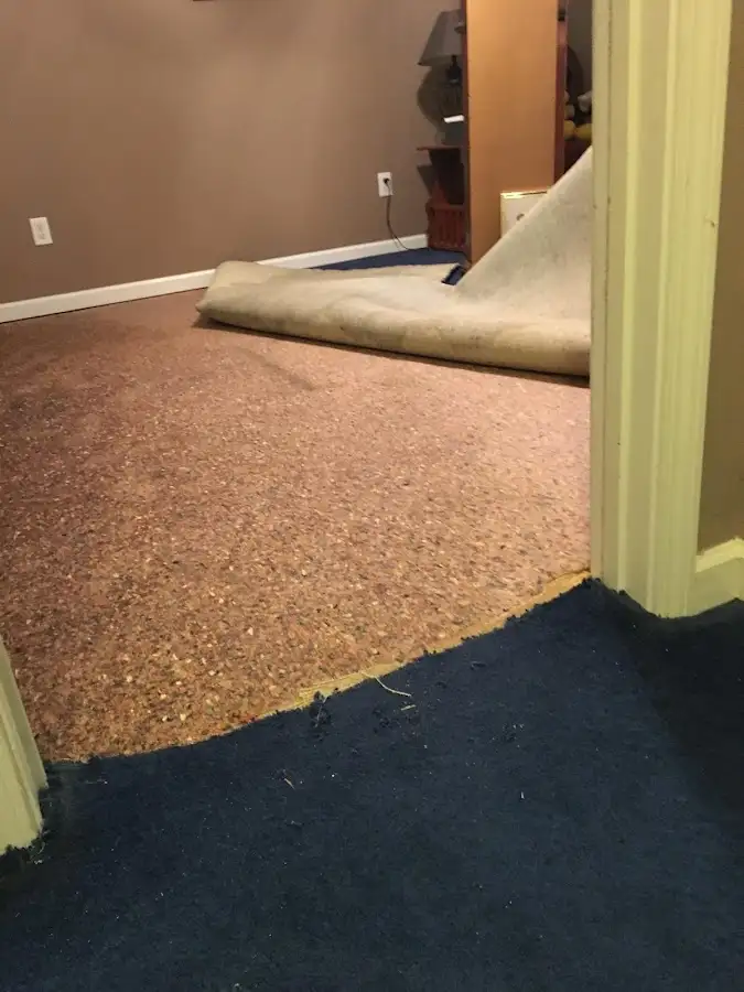 Carpet pad removal revealing water damage during Water Mitigation Services in Sugar Grove